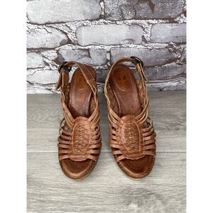 Frye Joy Brown Braided Leather Huarache Platform Heel Sandals Women 6.5B US/37EU